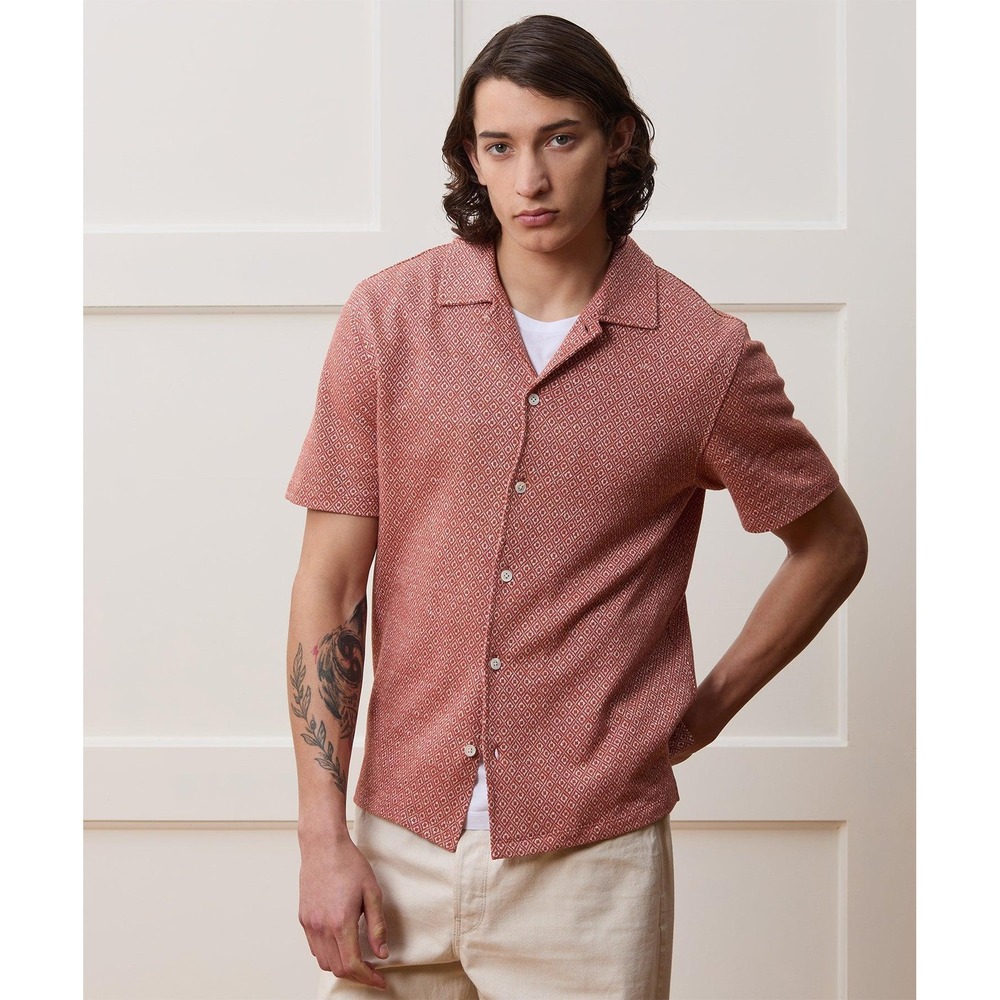 Todd Snyder Cabana Shirt Mens XS Rustic Orange Diamond Linen Cotton Short Sleeve
